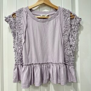 Anthropologie Lilac Crochet Sleeve Crop Top